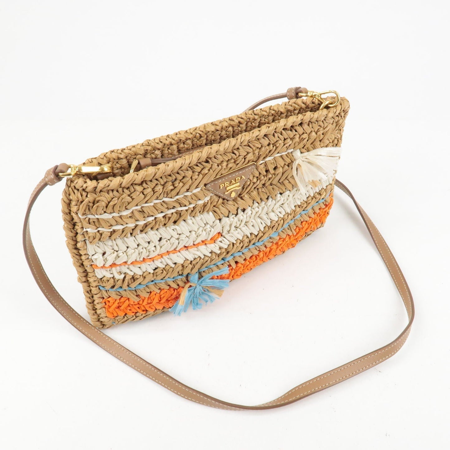 Prada Raffia Tricot Leather Shoulder Bag Beige Orange 1BF071