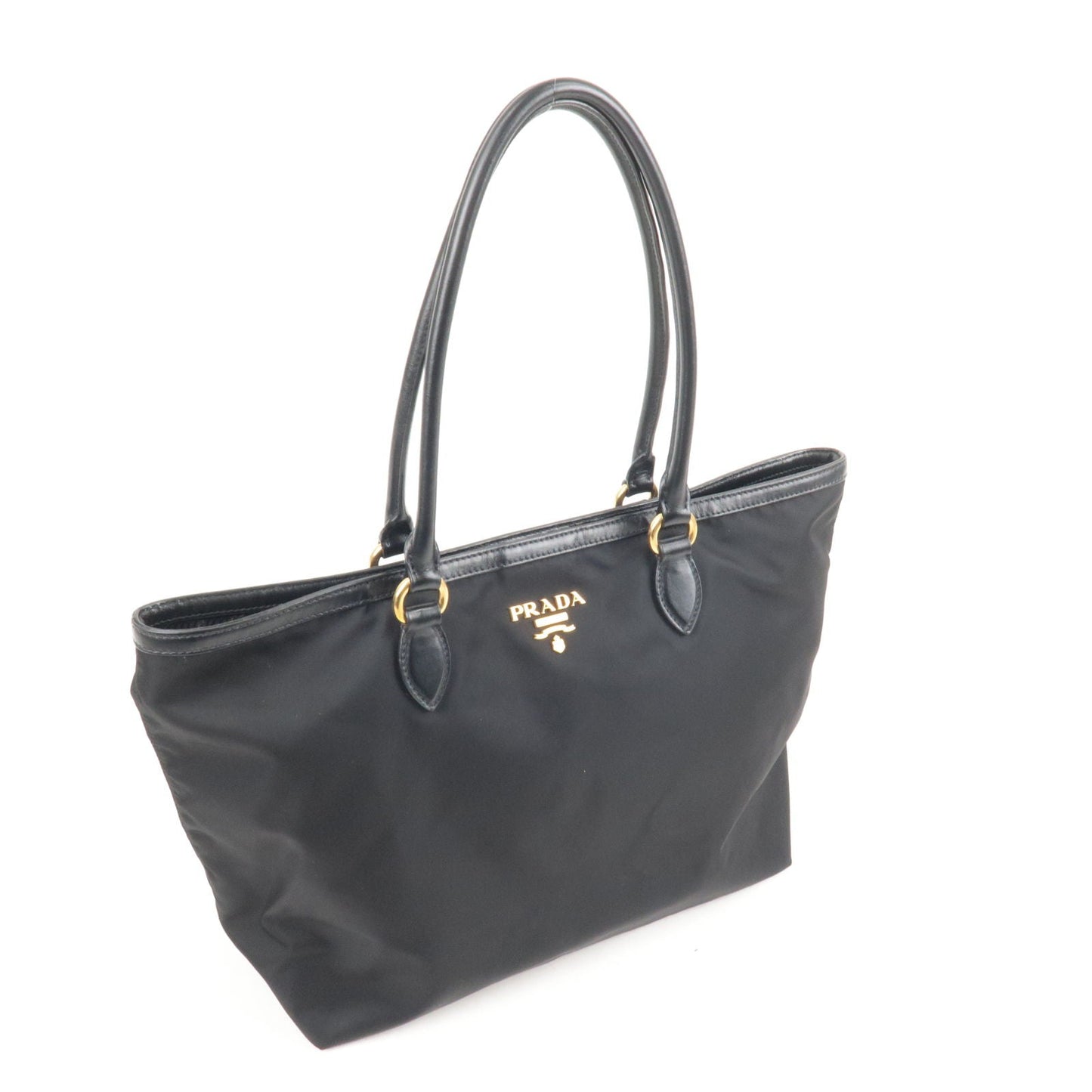 Prada Logo Nylon Leather Tote Bag Black Noir