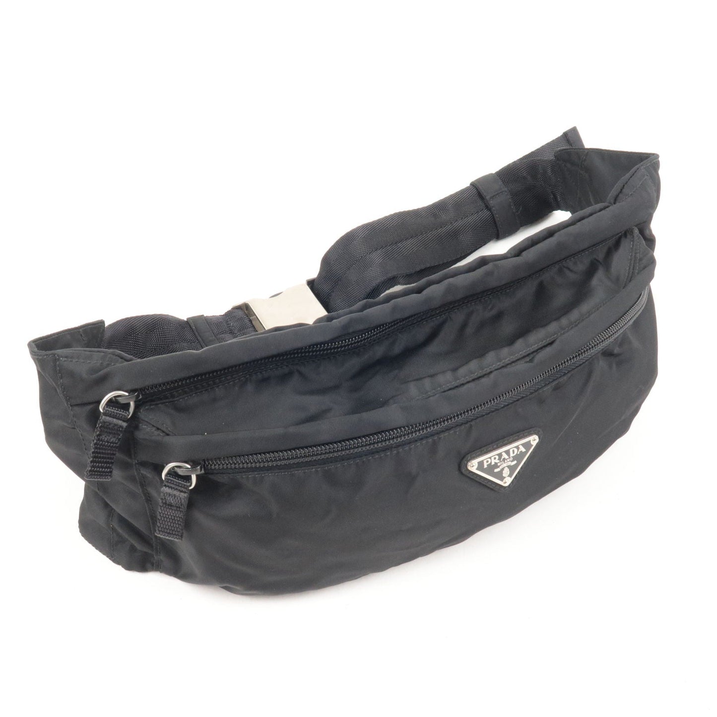 Prada Logo Nylon Leather Waist Bag Fanny Pack Black V132