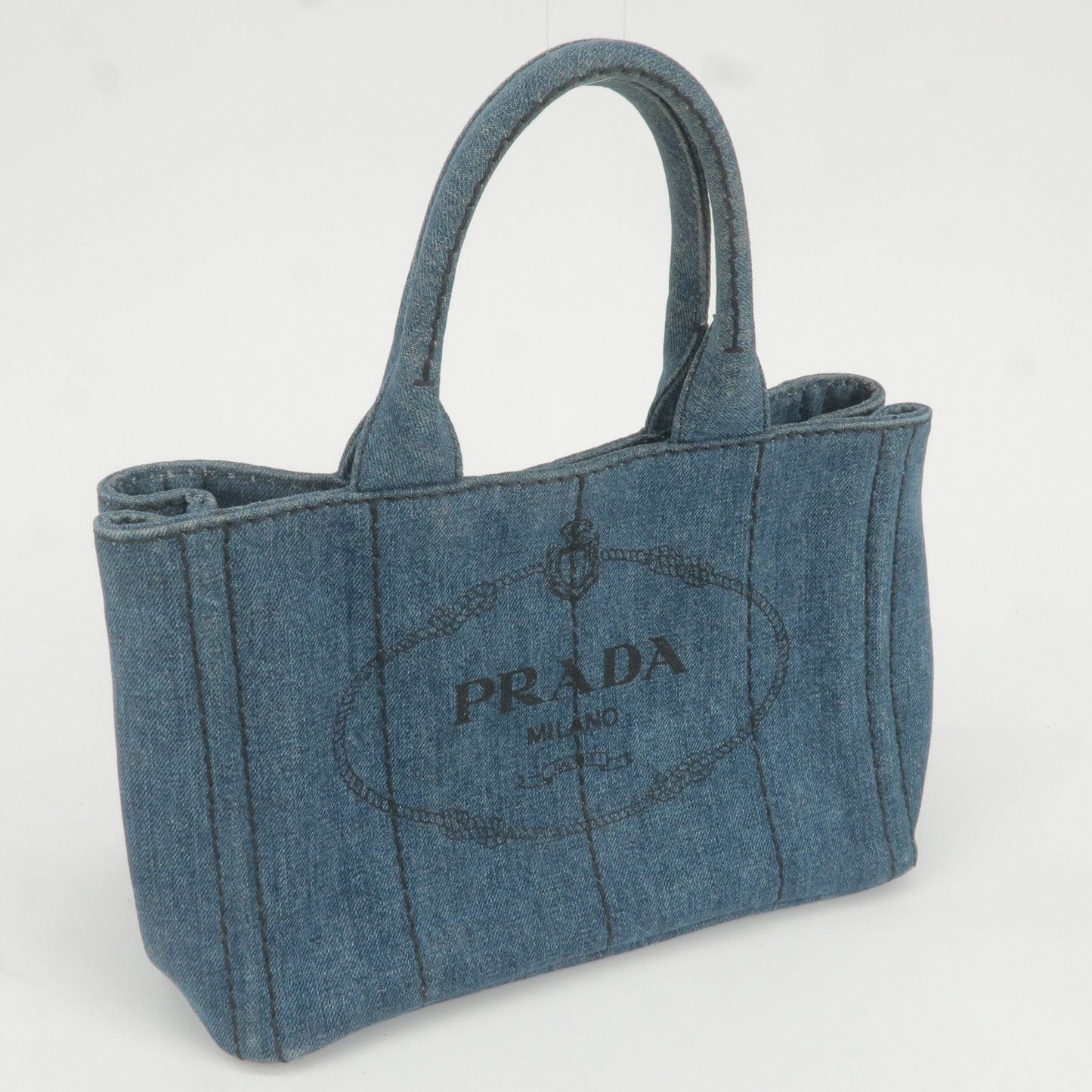 Prada Logo Denim Canapa Mini Hand Bag Tote Bag Blue 1BG439