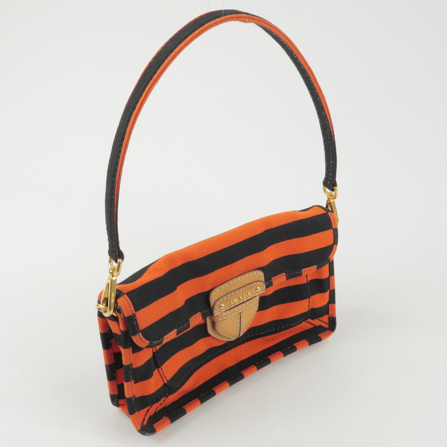 Prada Logo Canvas Leather Shoulder Bag Hand Bag Orange Black