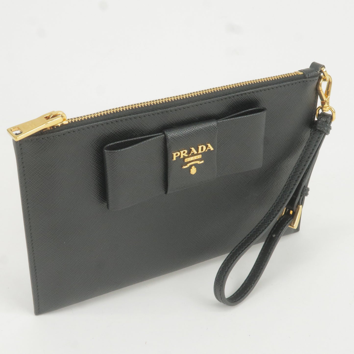 Prada Logo Leather Ribbon Pouch Cosmetics Bag NERO Black