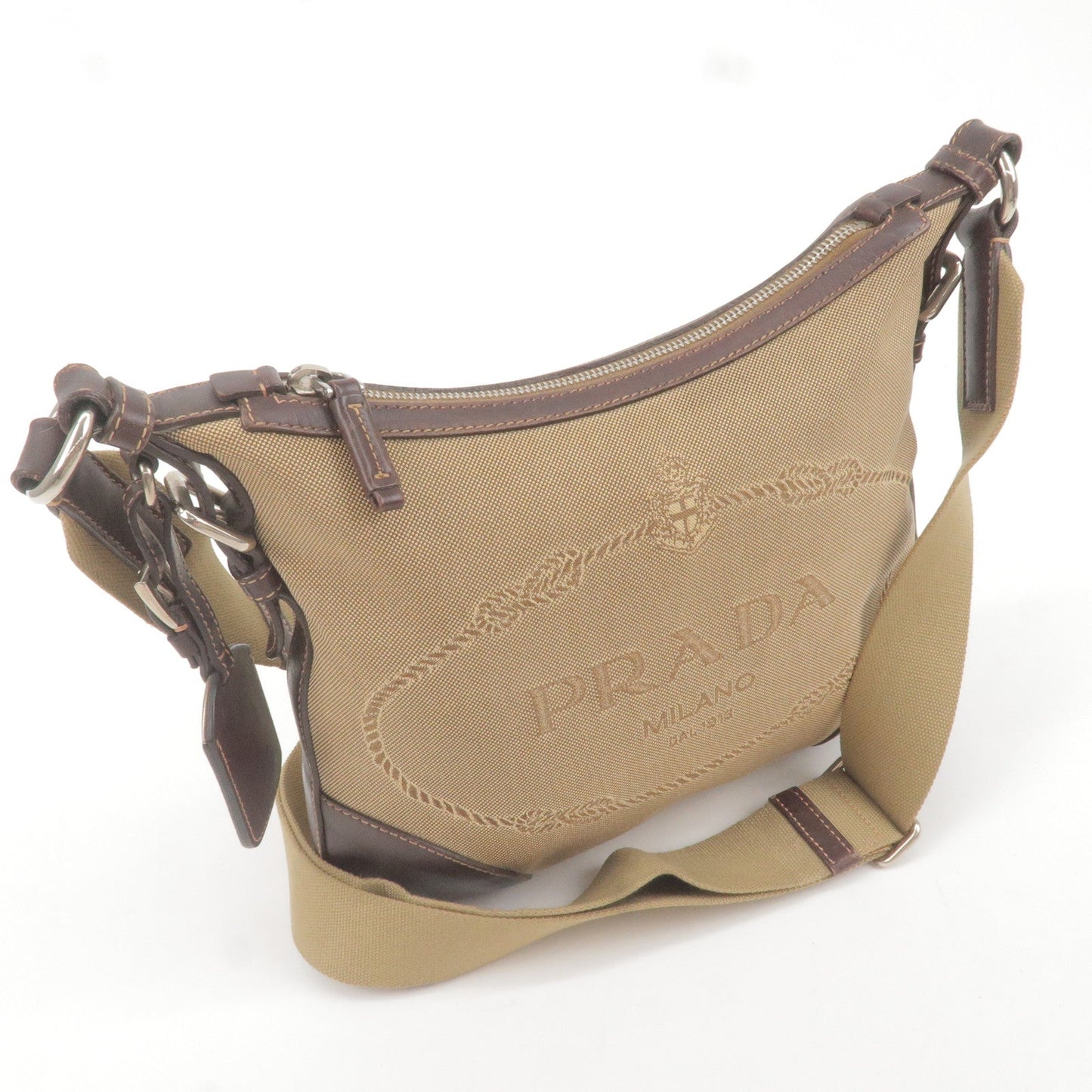 Prada Logo Jacquard Leather Shoulder Bag Beige Brown BT0534