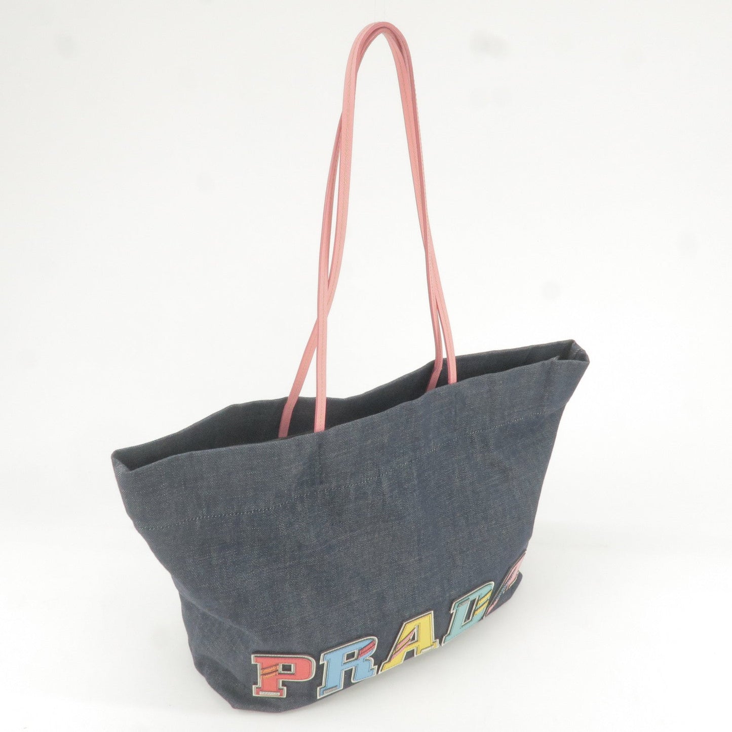 Prada Logo Denim Leather Tote Bag Hand Bag With Pouch 1BG106