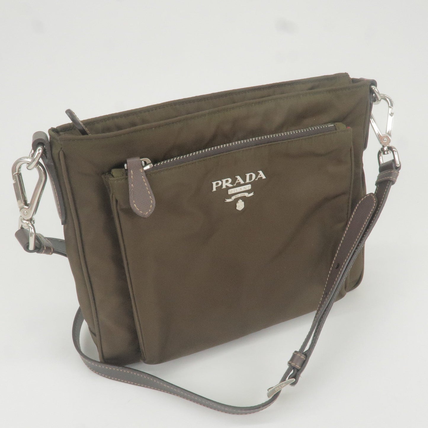 Prada Logo Nylon Leather Shoulder Bag Purse Khaki BT0693