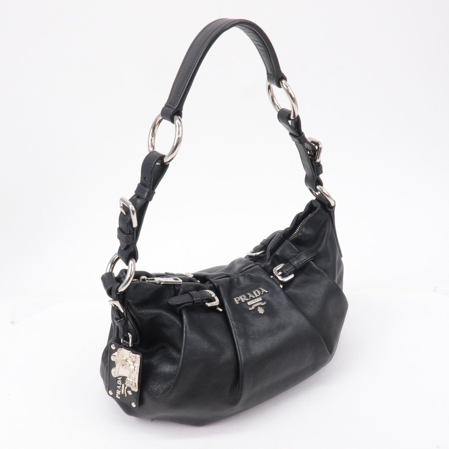 Prada Leather Shoulder Bag Black with Charm