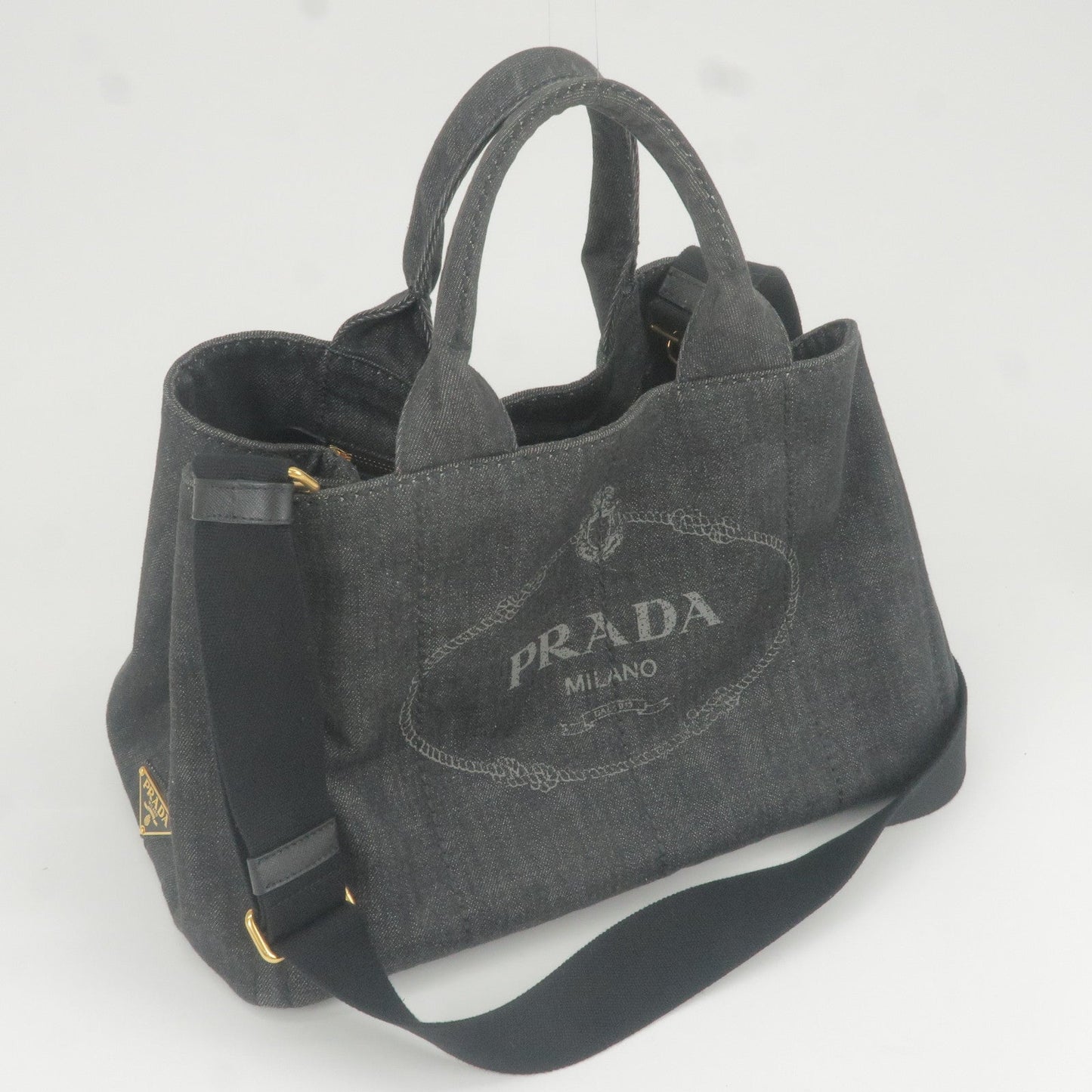 Prada Logo Canapa Denim Tote Bag Hand Bag NERO Black B2642B