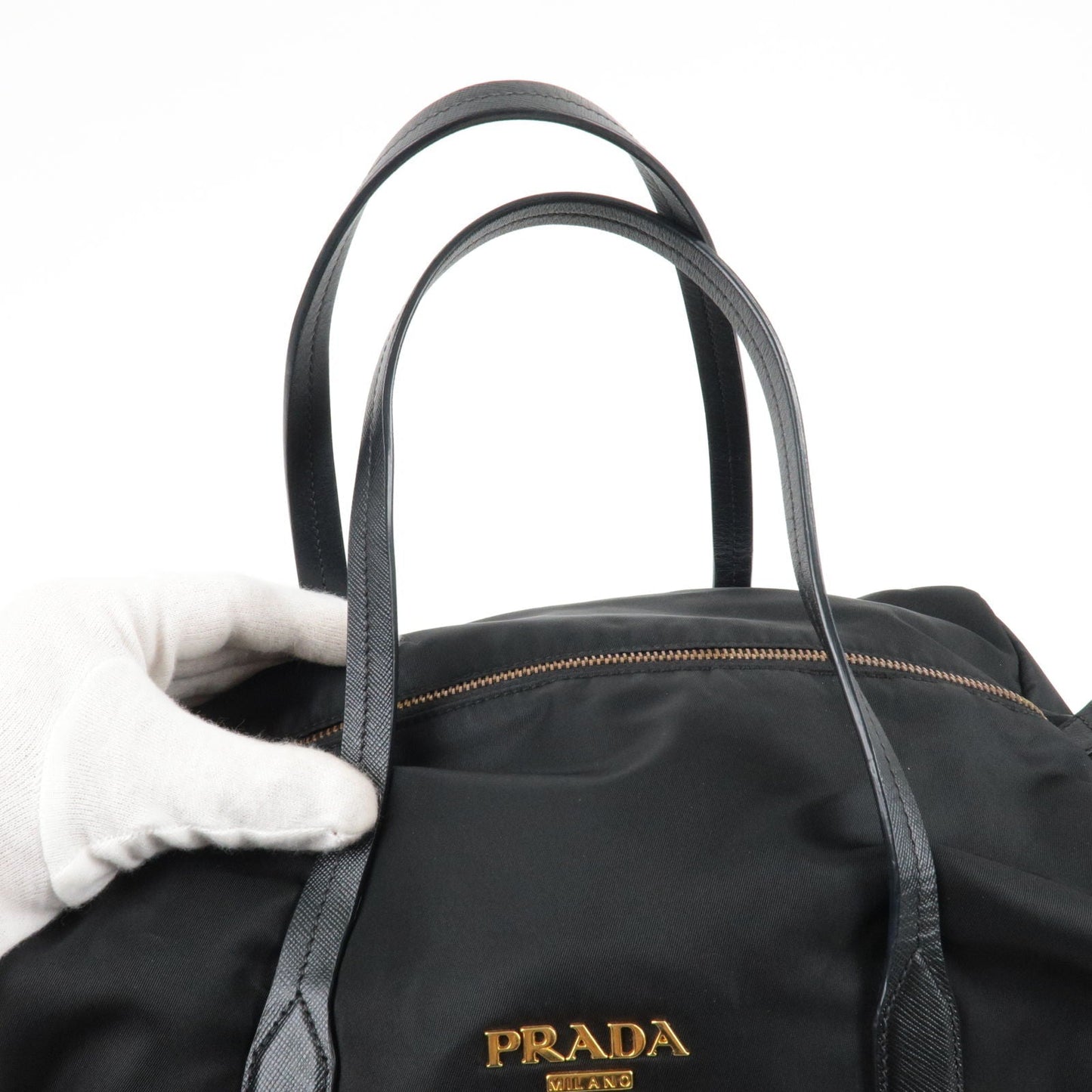 Prada Logo Nylon Leather Boston Bag Hand Bag Black BL0567