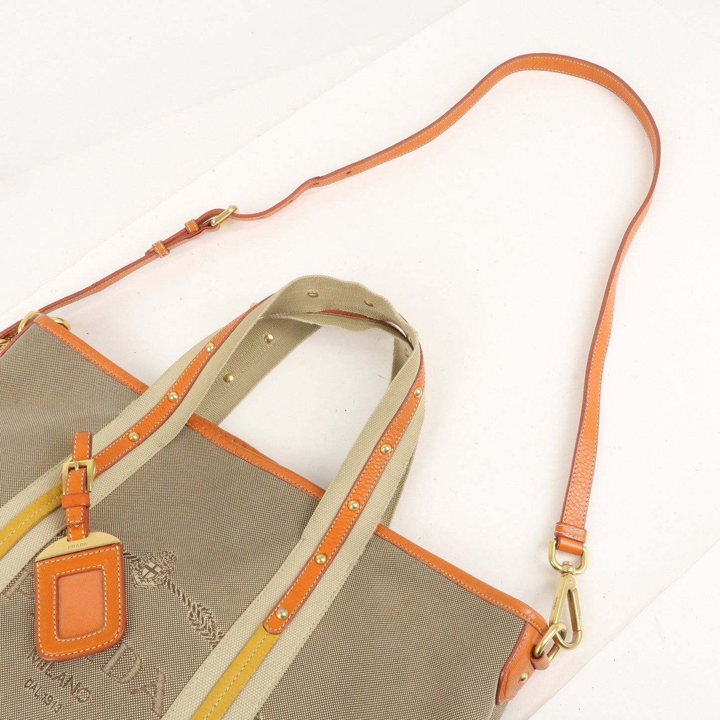 Prada Logo Jacquard Leather 2Way Hand Bag Beige Orange BN1453