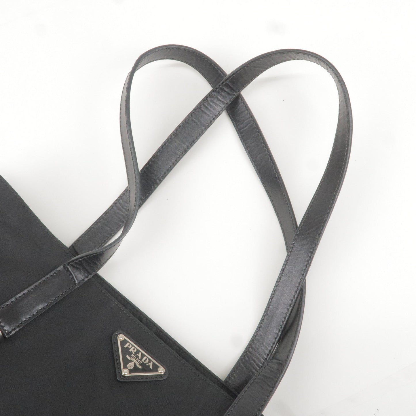 Prada Logo Nylon Leather Tote Bag Hand Bag Black