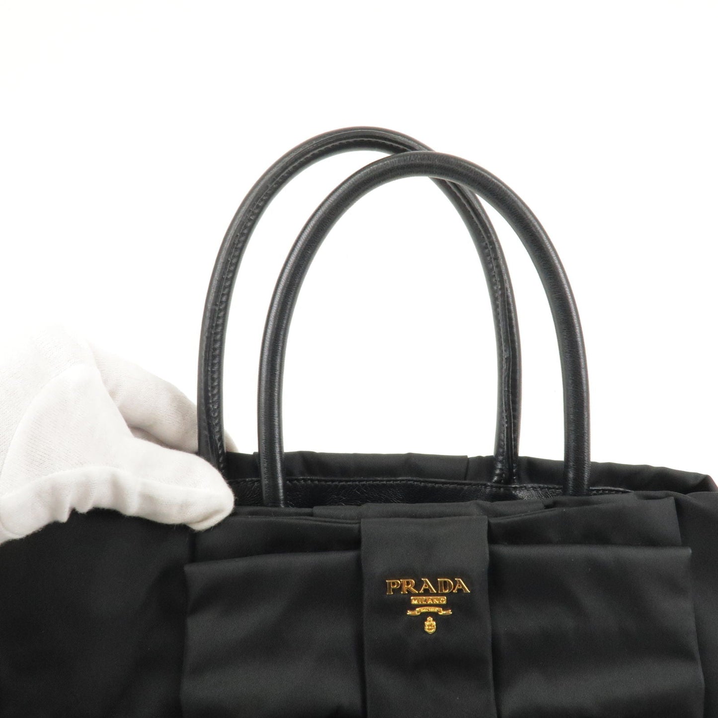 Prada Nylon Leather Ribbon Tote Bag NERO Black