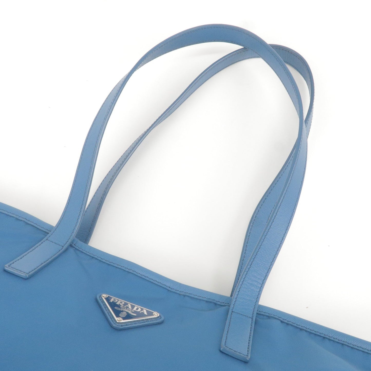 Prada Logo Nylon Leather Tote Bag Hand Bag Blue