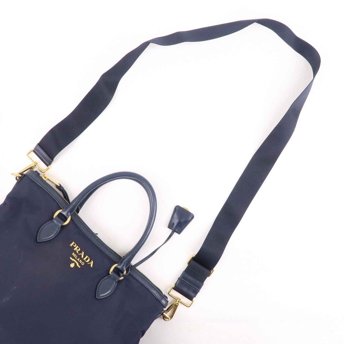 Prada Nylon Leaether Tote Bag Shoulder Bag Navy 1BC060