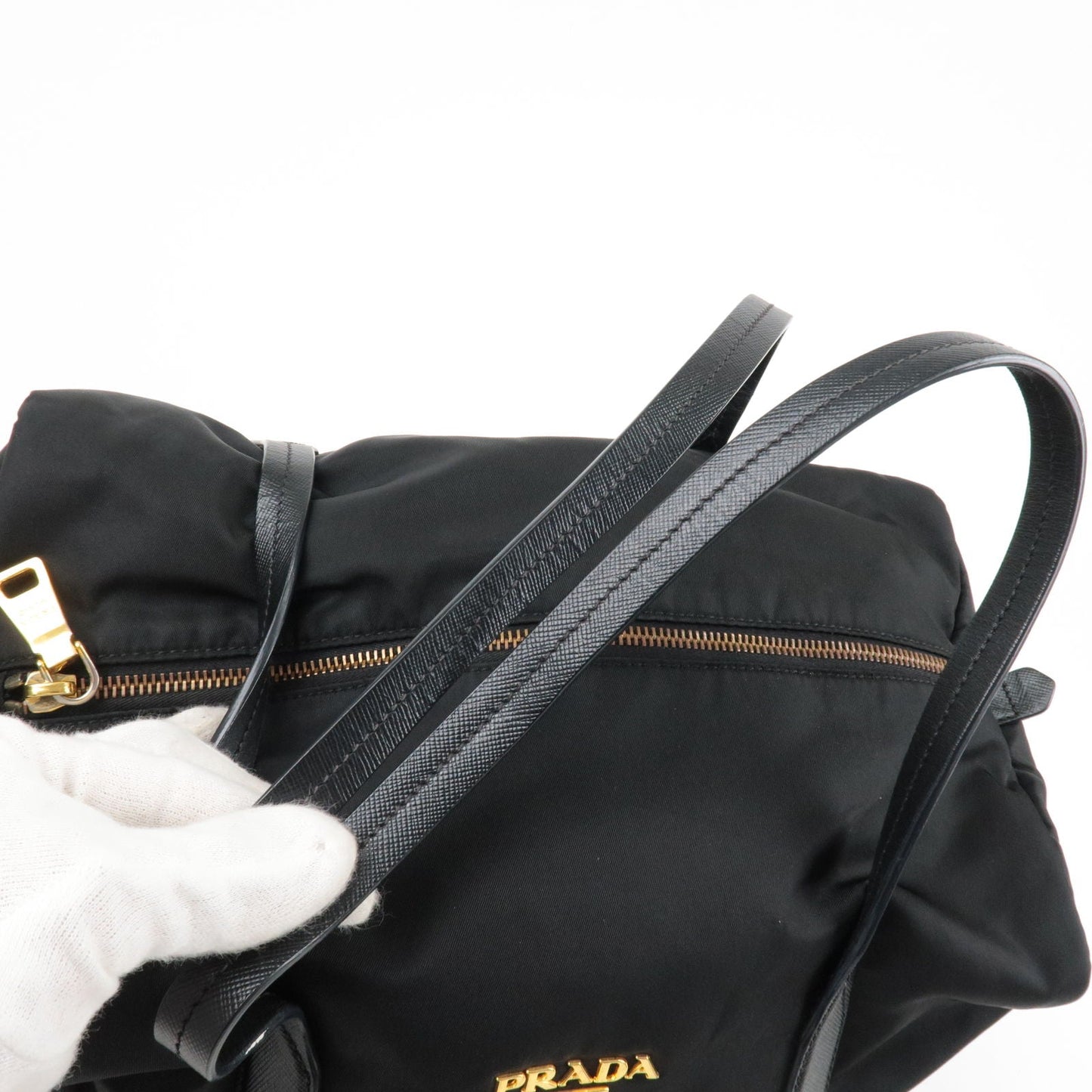 Prada Logo Nylon Leather Boston Bag Hand Bag Black BL0567