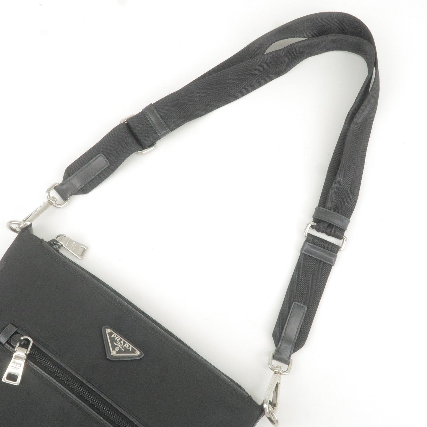 Prada Logo Nylon Leather Shoulder Bag Black Detachable Strap