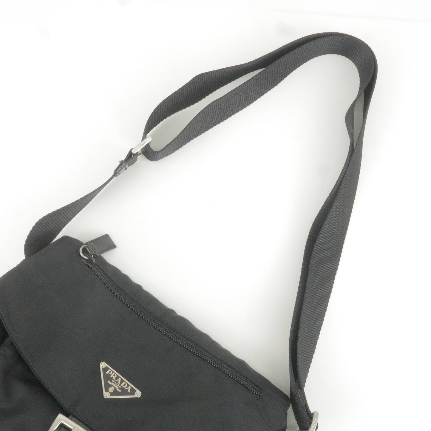 Prada Logo Nylon Leather Shoulder Bag Purse Bag NERO Black