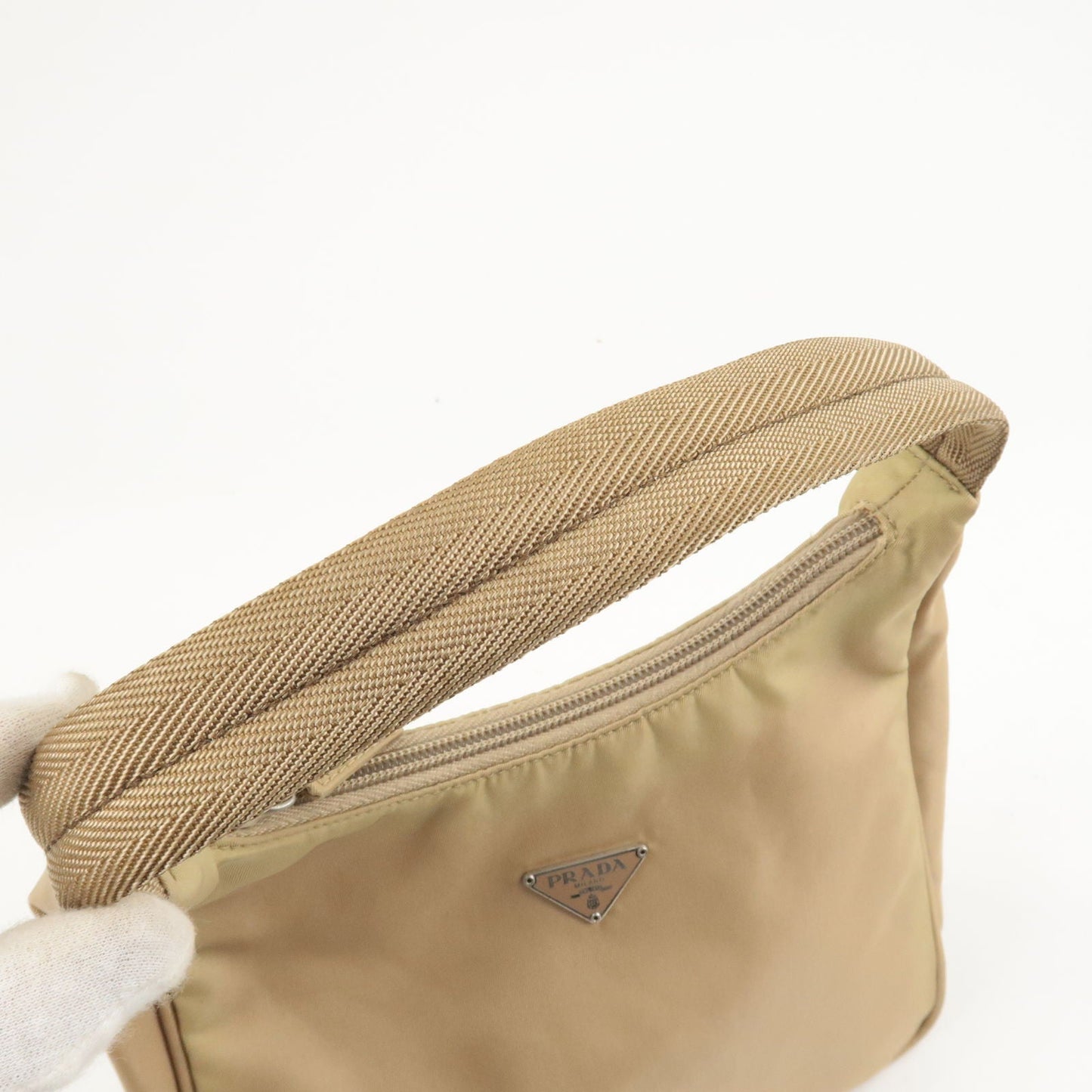 Prada Logo Nylon Hand Bag Pouch Beige