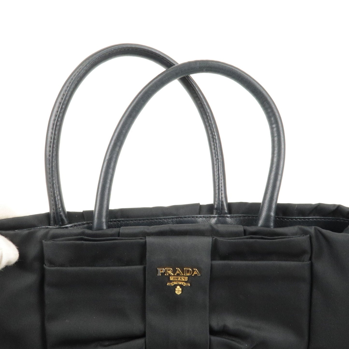 Prada Nylon Leather Ribbon Hand Bag Tote Bag NERO Black BN1601