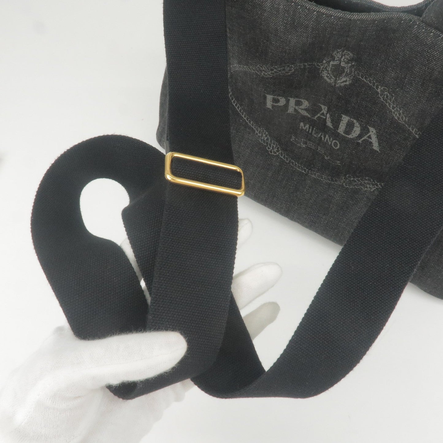 Prada Logo Canapa Denim Tote Bag Hand Bag NERO Black B2642B