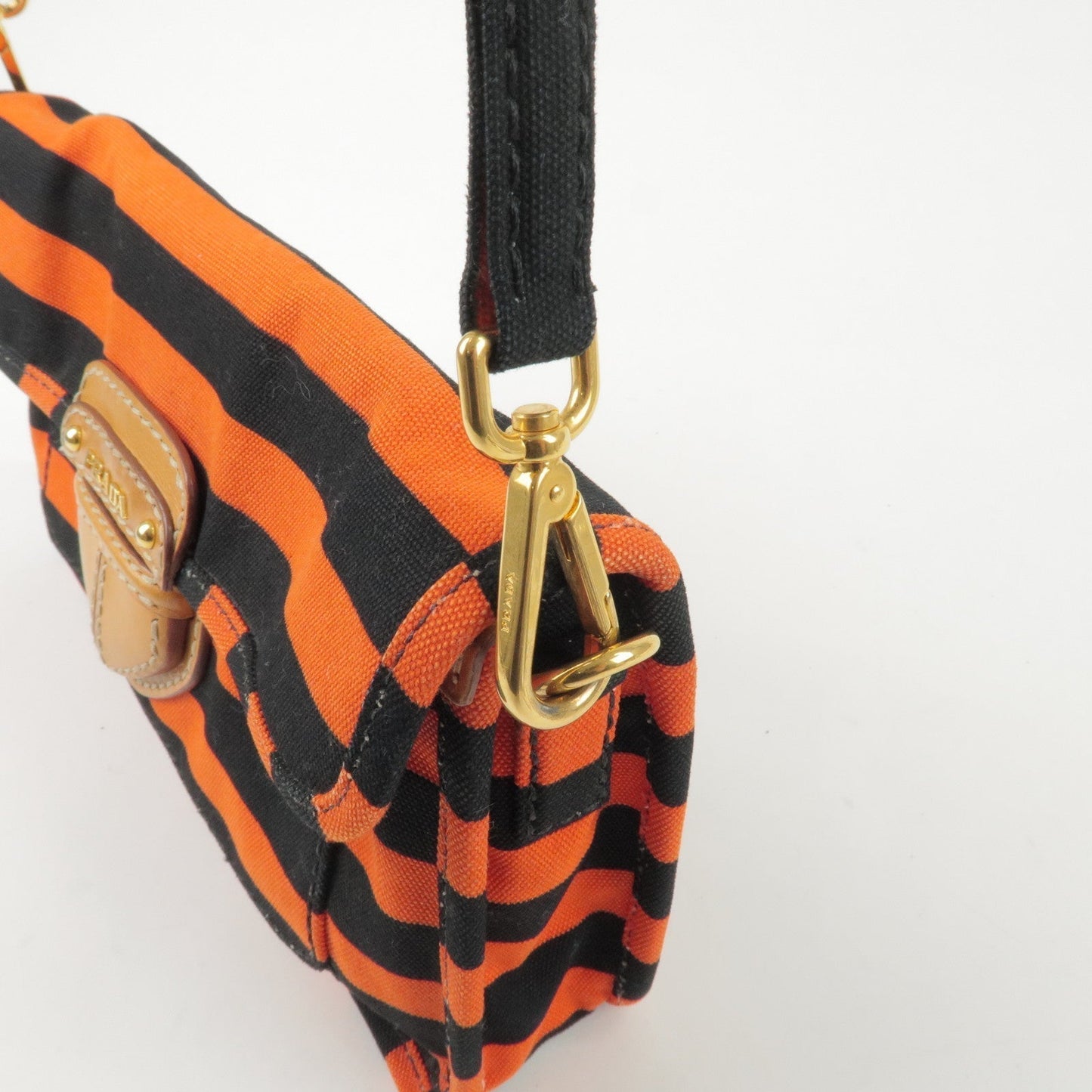 Prada Logo Canvas Leather Shoulder Bag Hand Bag Orange Black