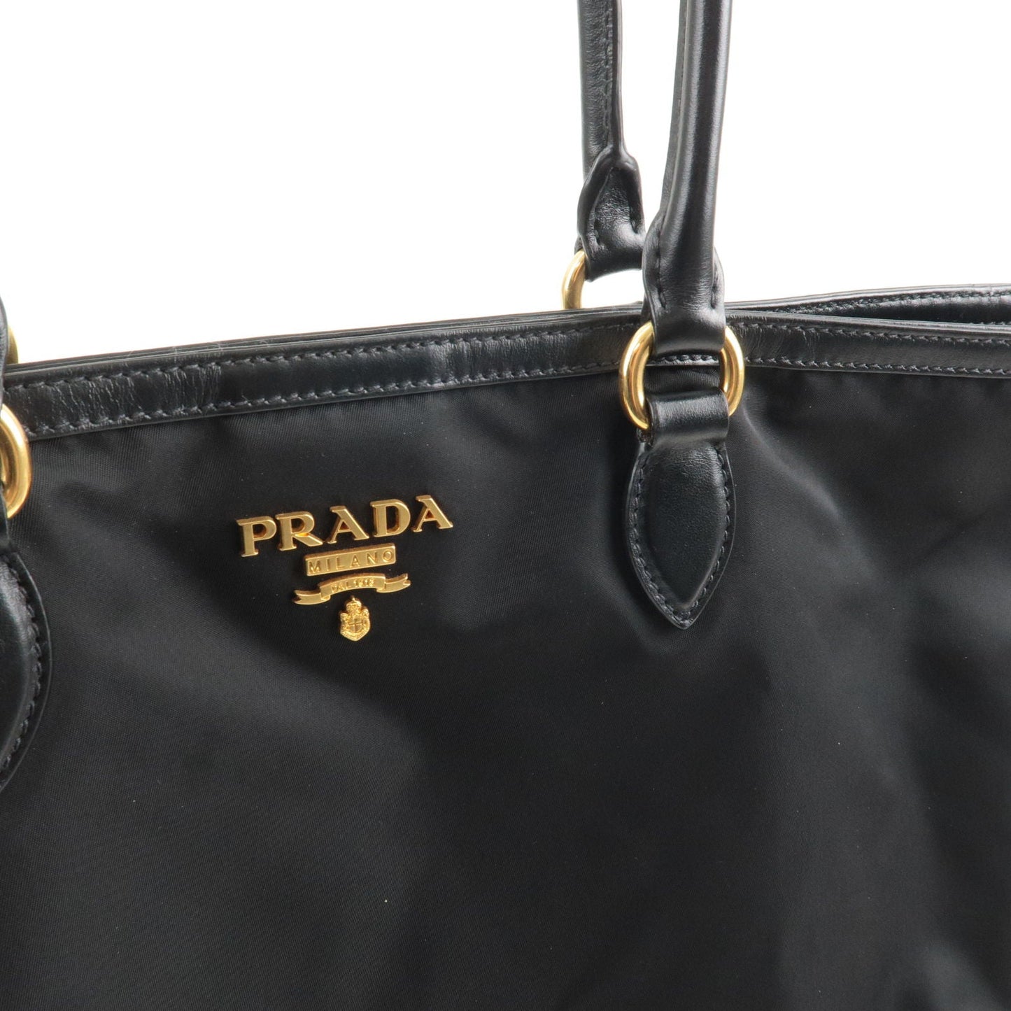 Prada Logo Nylon Leather Tote Bag Black Noir