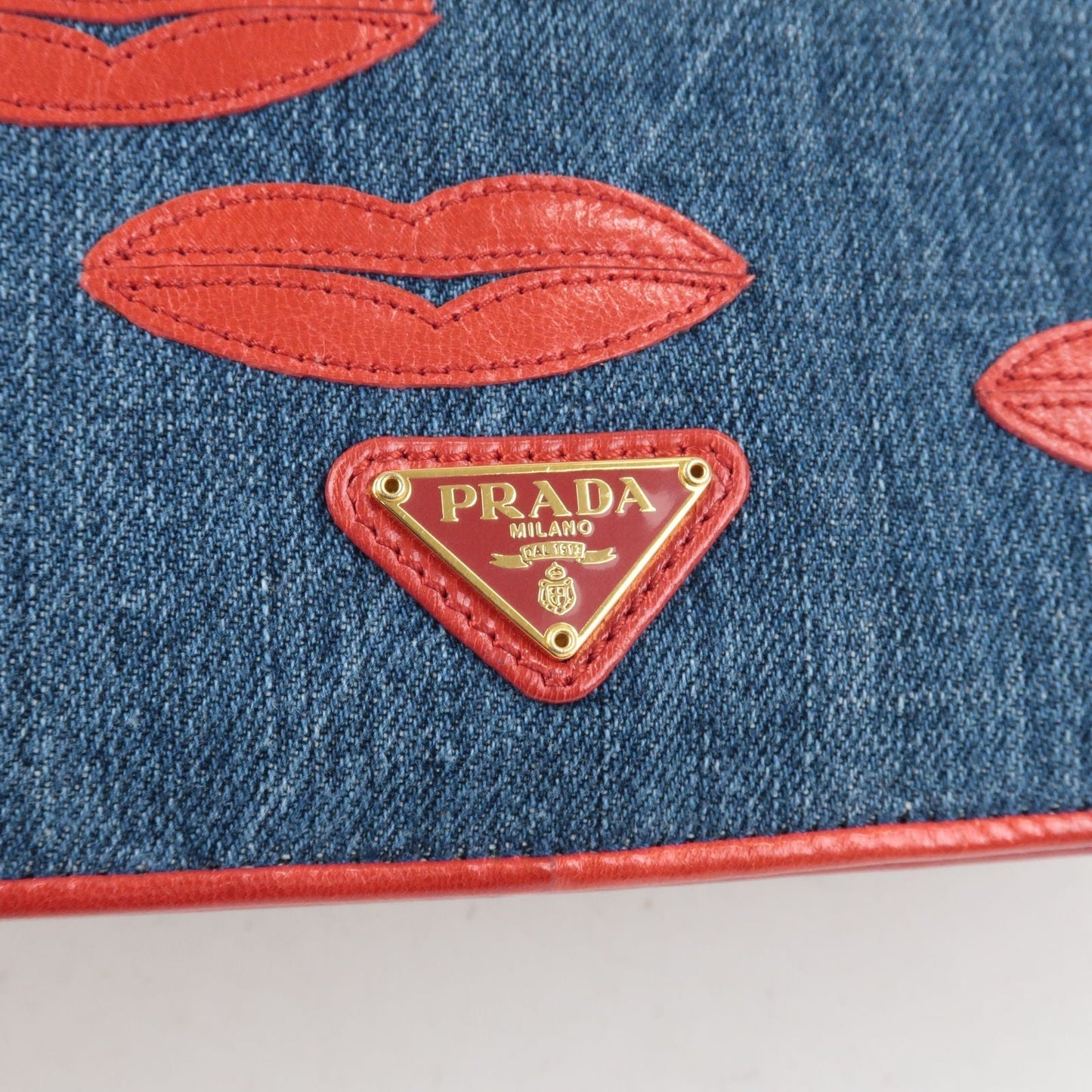 Prada Denim Leather Lip Motif Clutch Bag Pouch Blue BP489B