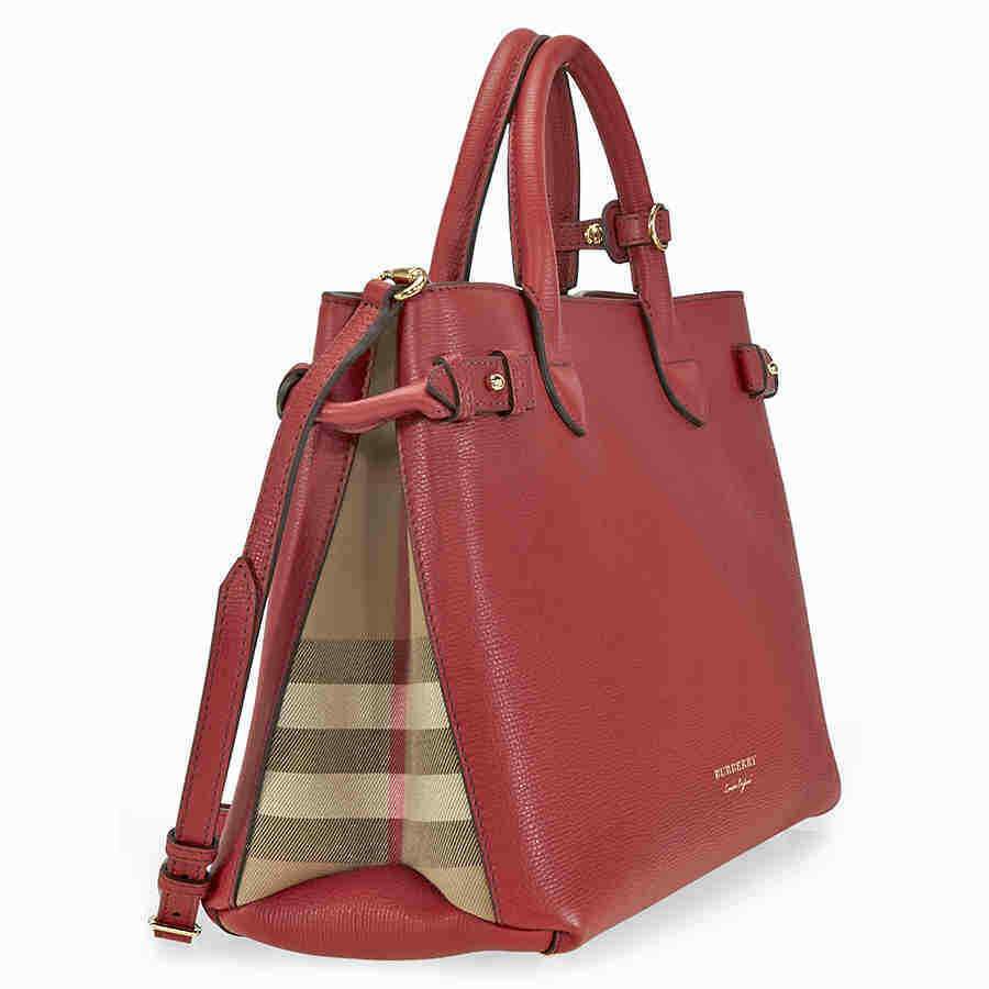 Burberry Medium Banner Leather and House Check Tote - Russet Red 4024087