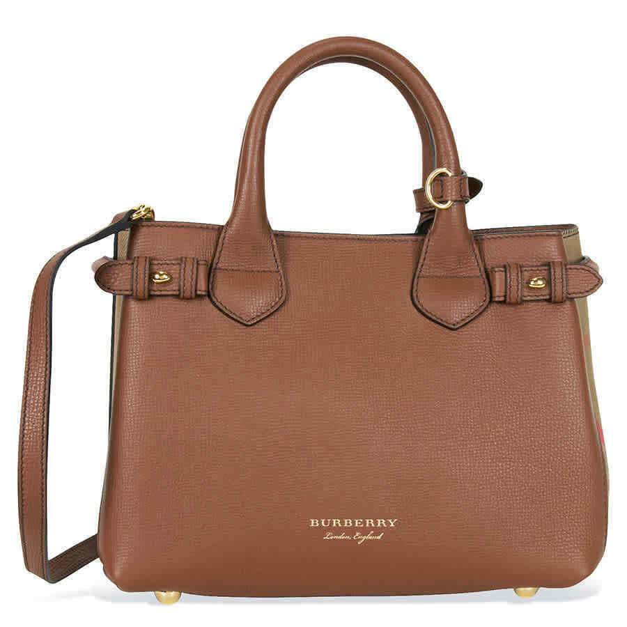 Burberry Small Banner House Check Leather Tote - Tan 4023702