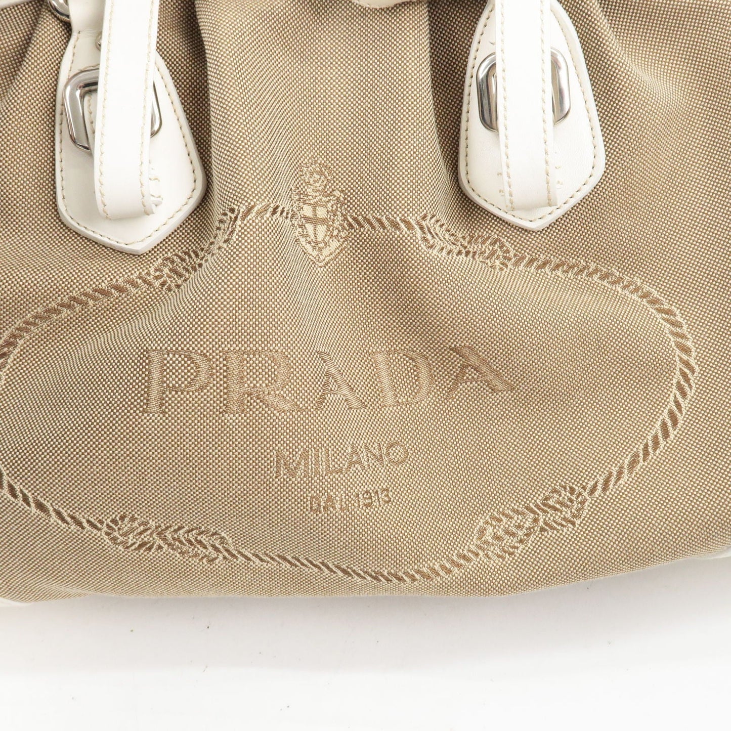 Prada Logo Jacquard Leather Shoulder Bag Hand Bag Beige Ivory