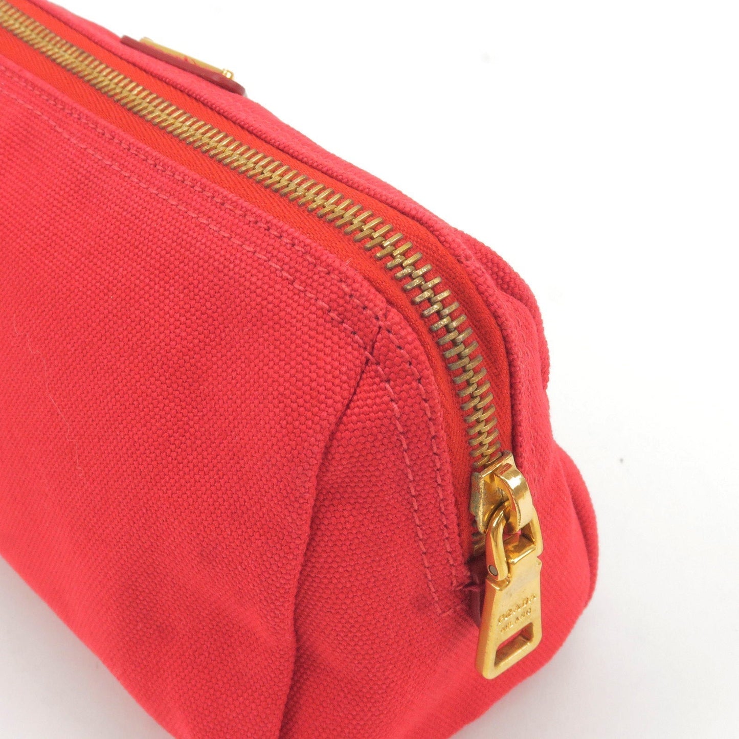 Prada Logo Canvas Pouch Clutch Bag Red Gold Hardware 1N0693