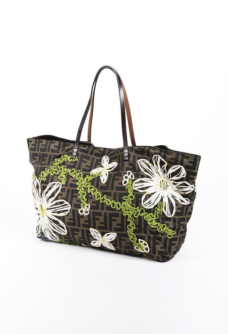 Vintage Fendi Floral Embroidered Zucca Roll Tote