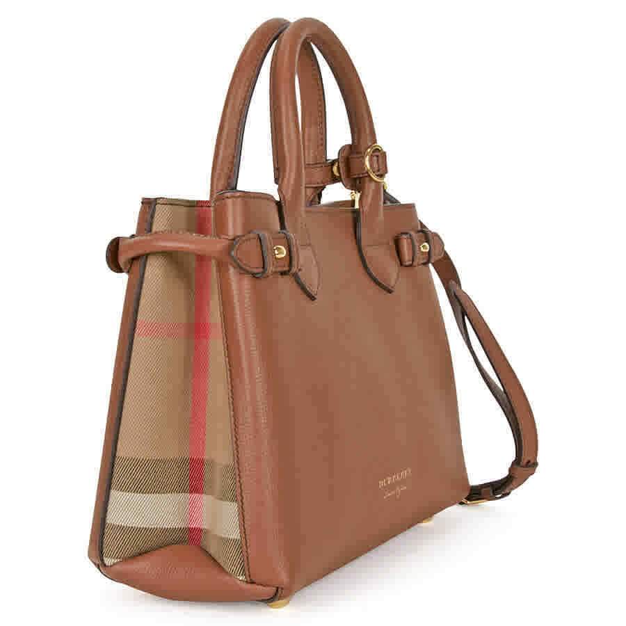 Burberry Small Banner House Check Leather Tote - Tan 4023702