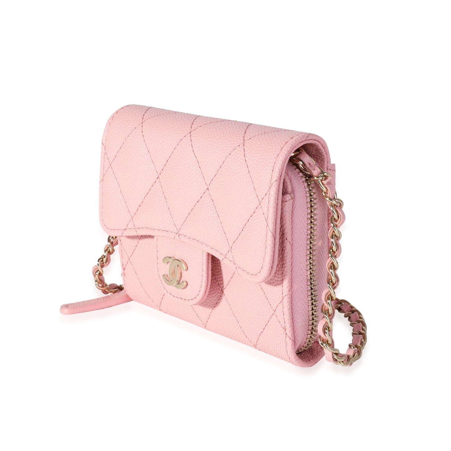 CHANEL Pink Quilted Caviar Compact Wallet On Chain