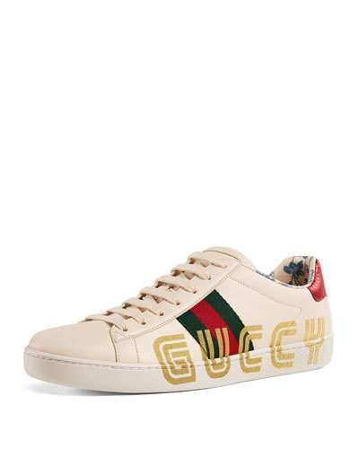 Gucci New Ace Guccy Logo Sneaker With Genuine Snakeskin Trim