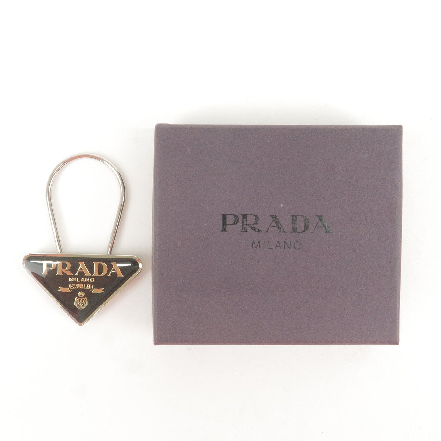 Prada Triangle Logo Key Charm Bag Accessory Black Silver M285