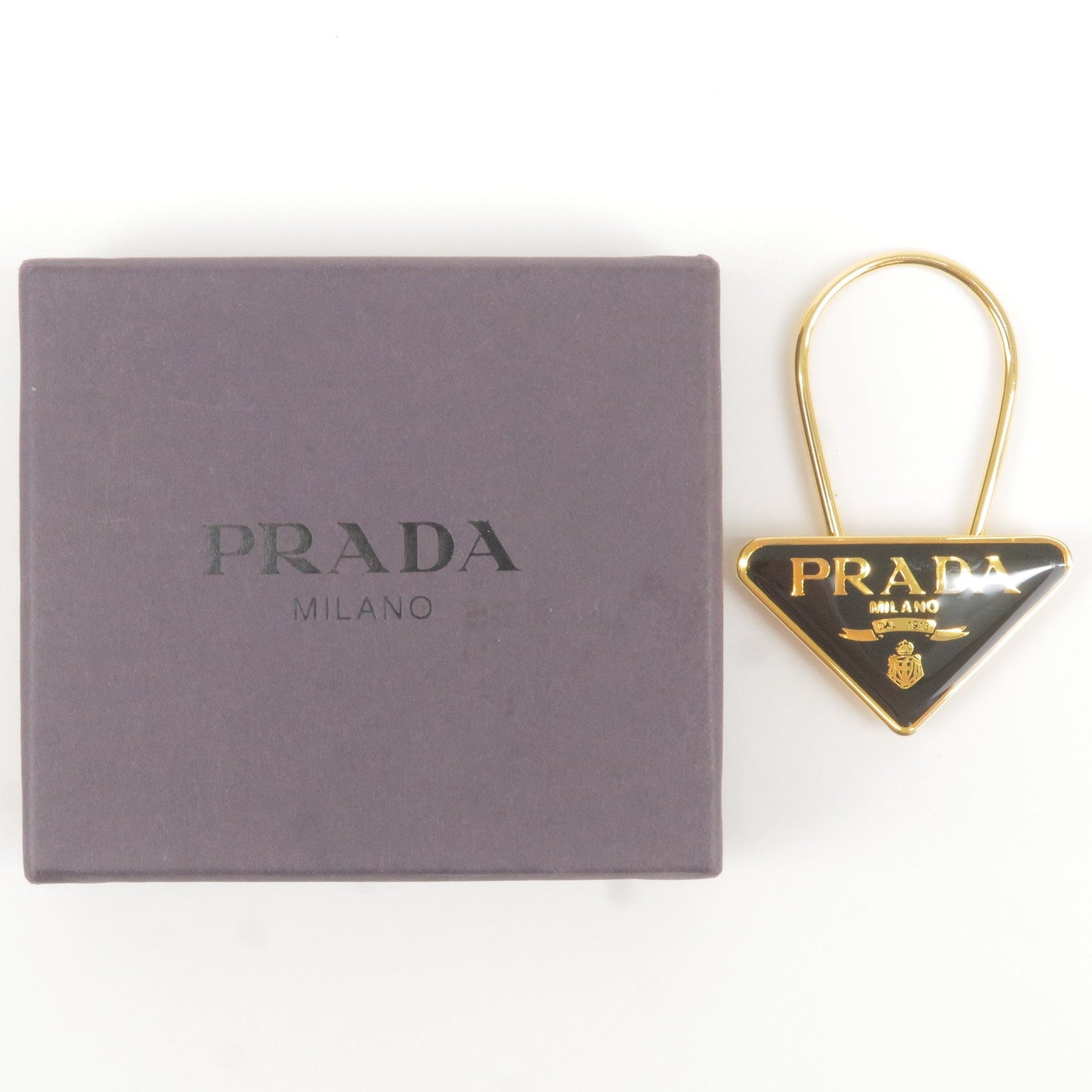 Prada Metal Triangle Logo Key Chain Bag Charm M285 Black Gold