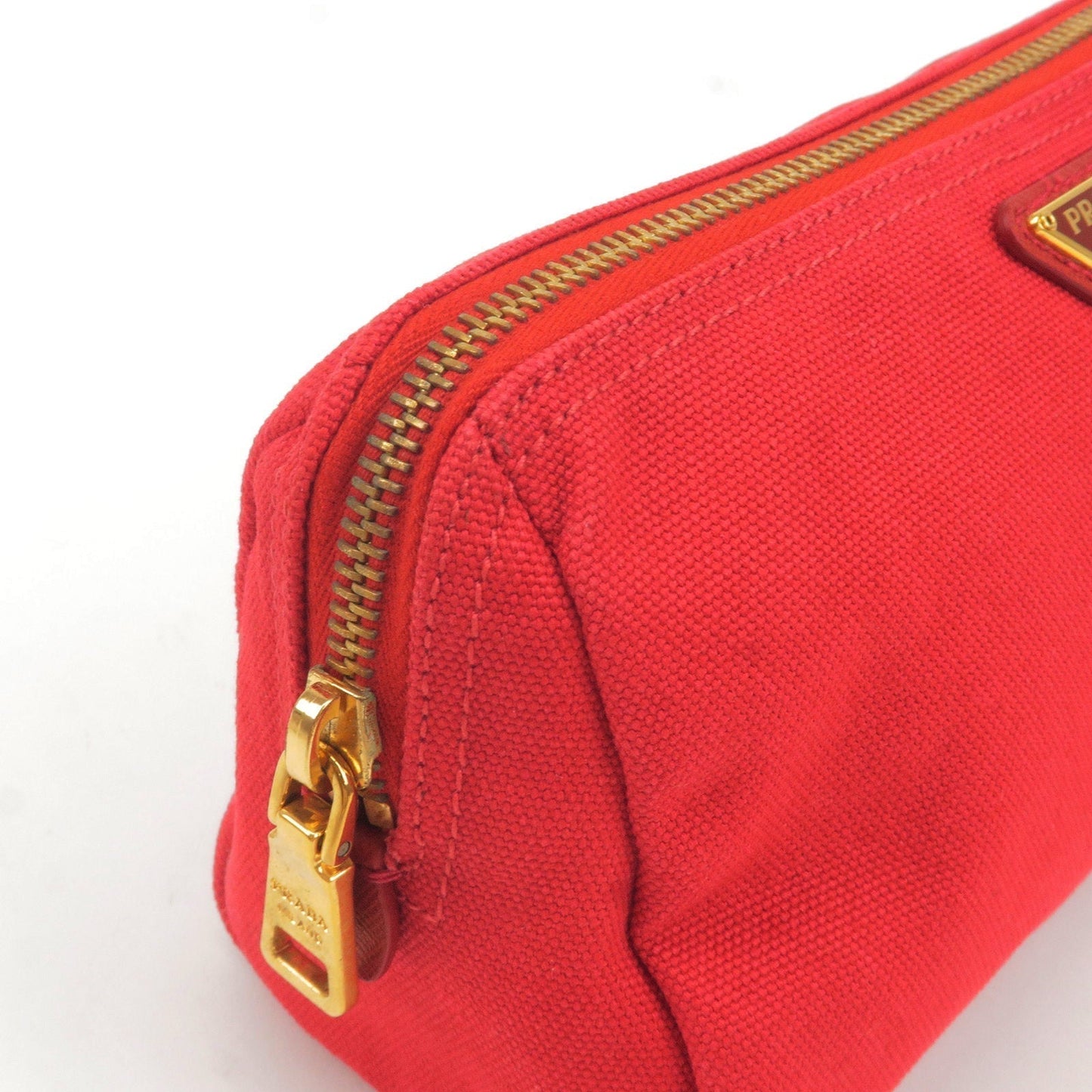 Prada Logo Canvas Pouch Clutch Bag Red Gold Hardware 1N0693