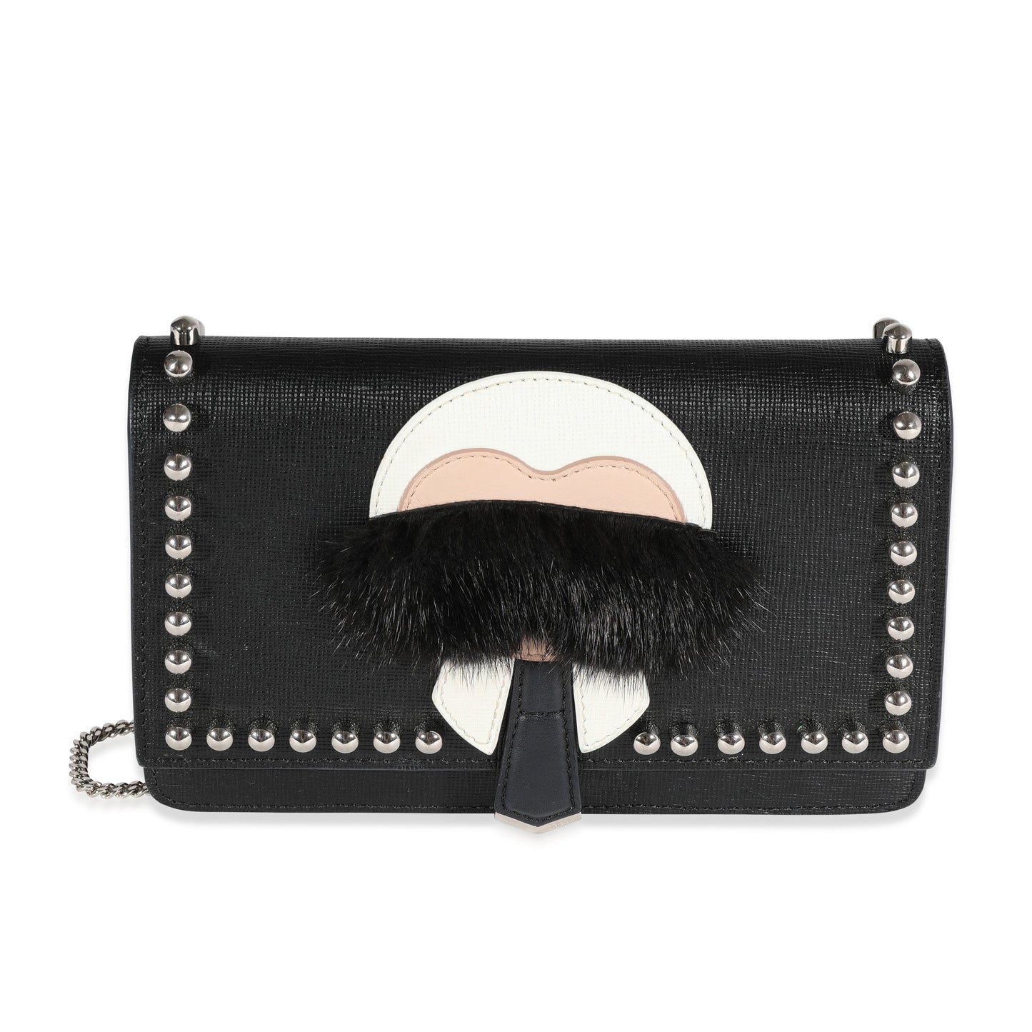 Fendi Black Vitello Elite & Mink Studded Karlito Chain Wallet