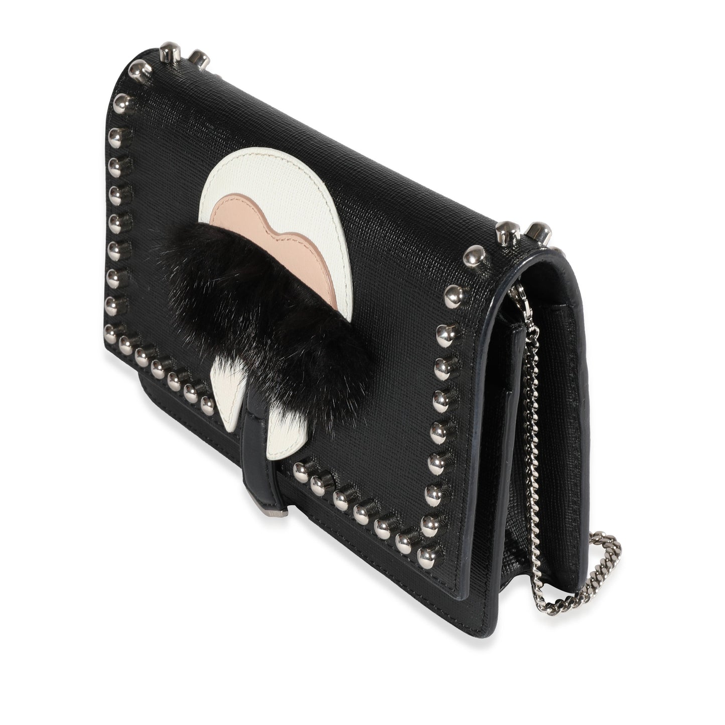 FENDI Black Vitello Elite & Mink Studded Karlito Chain Wallet