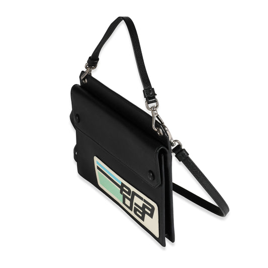 Prada Black Saffiano Leather Retro Logo Flat Crossbody