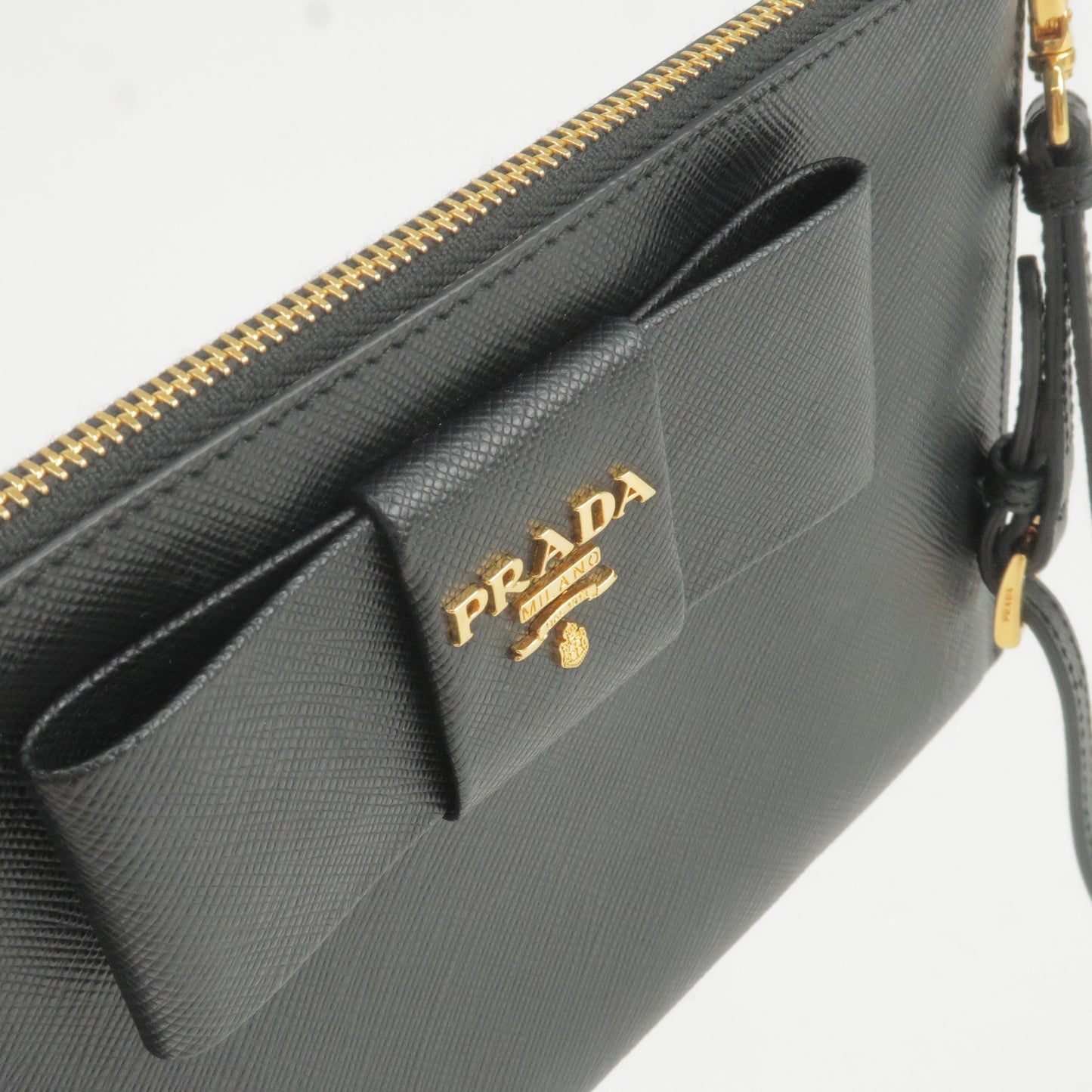 Prada Logo Leather Ribbon Pouch Cosmetics Bag NERO Black