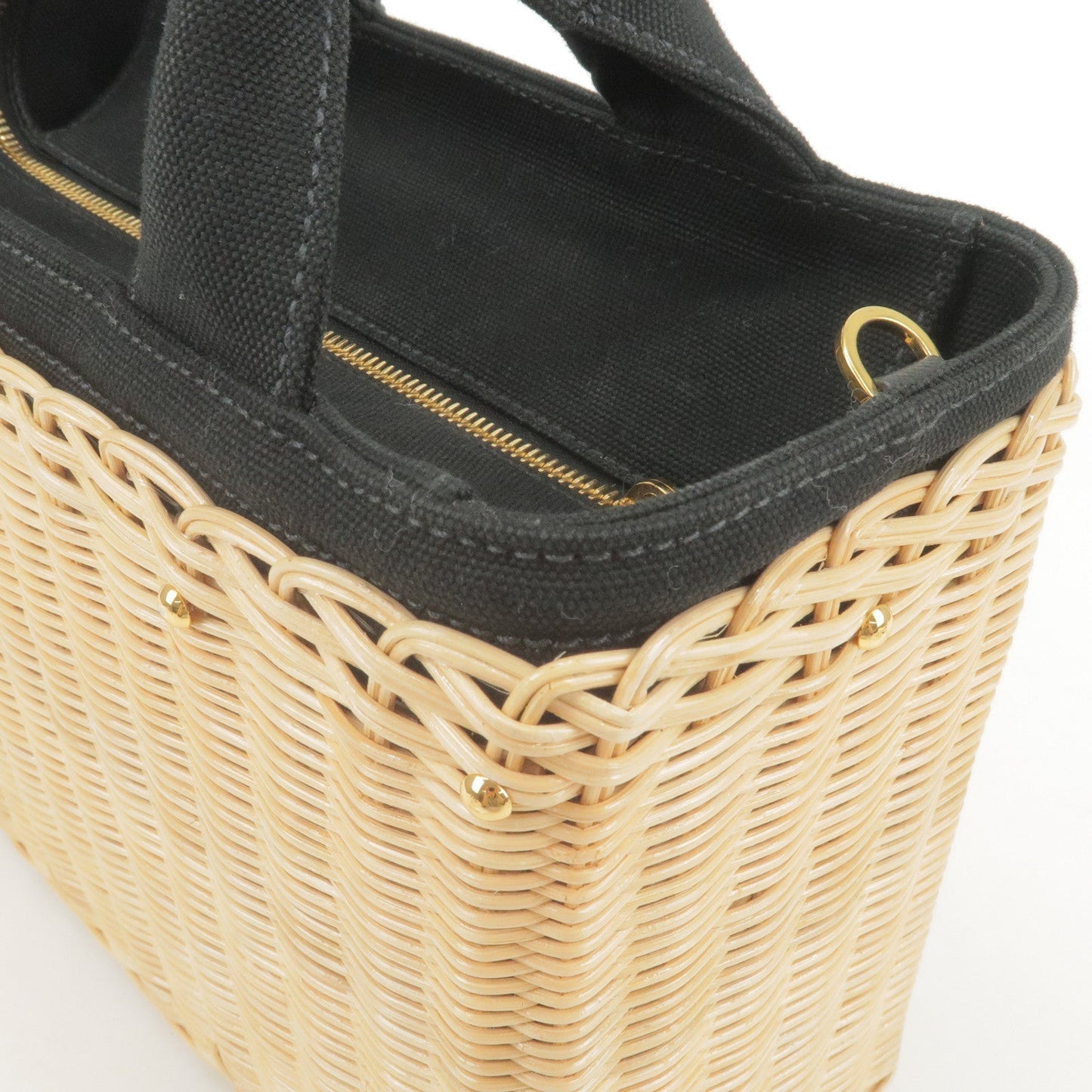 Prada Wicker Canvas 2Way Basket Bag Hand Bag Black 1BG835