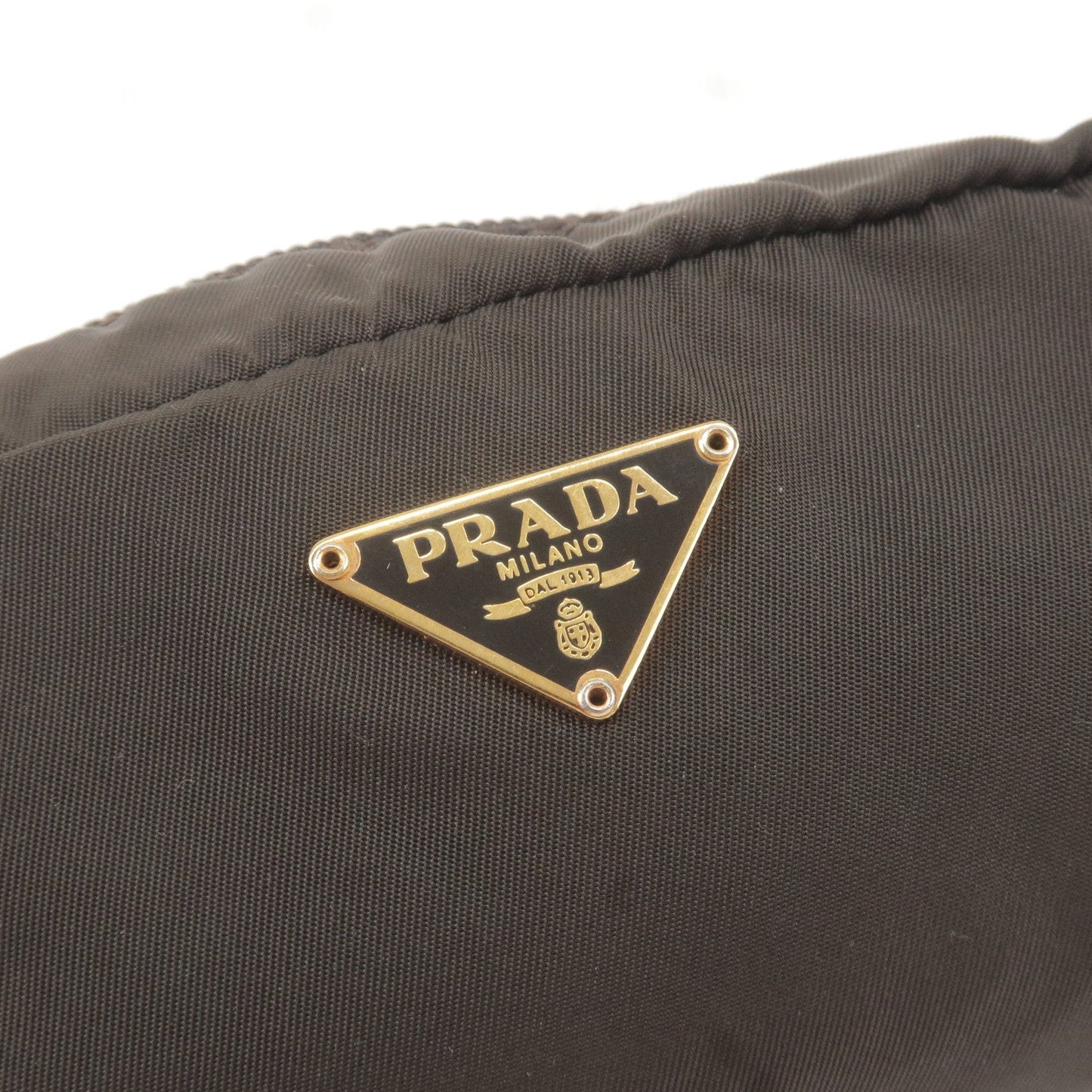 Prada Logo Nylon Leather Pouch Cosmetic Bag Brown 1N0175