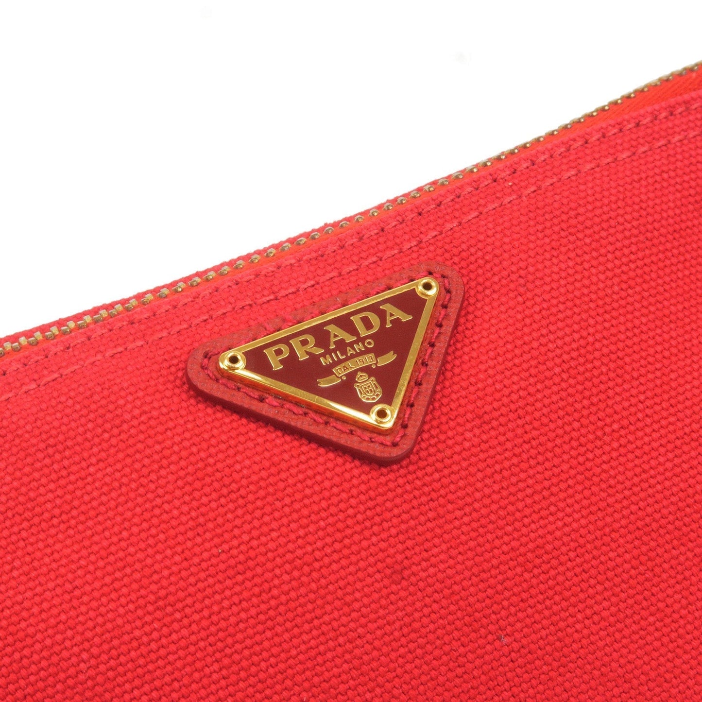 Prada Logo Canvas Pouch Clutch Bag Red Gold Hardware 1N0693