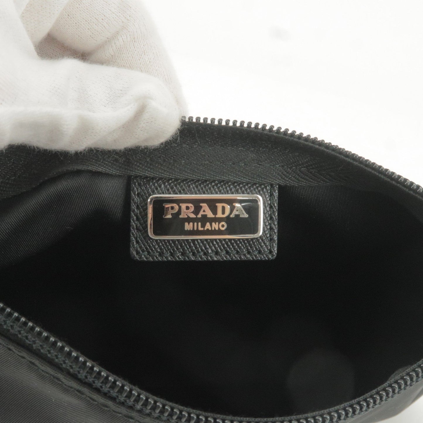 Prada Logo Nylon Leather Pouch Clutch Cosmetic Bag NERO Black