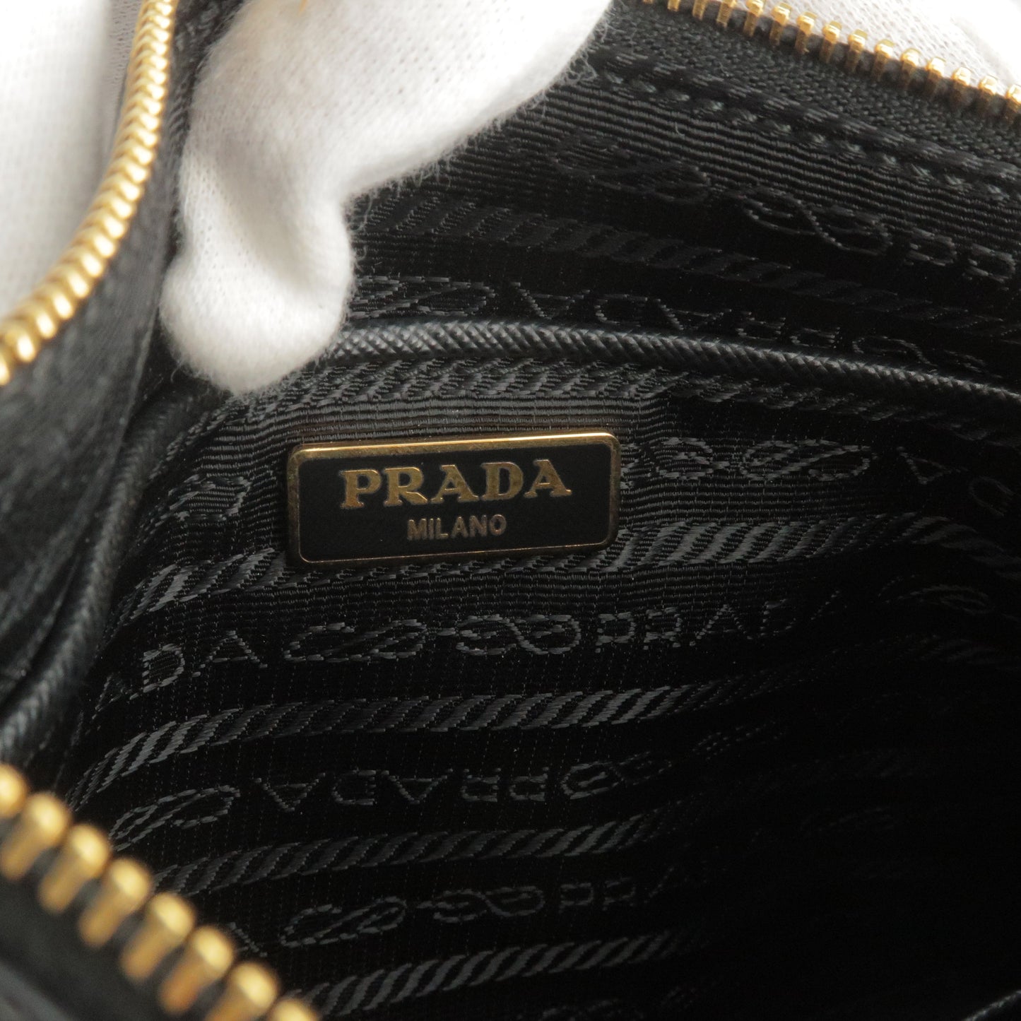 Prada Logo Leather Ribbon Pouch Cosmetics Bag NERO Black