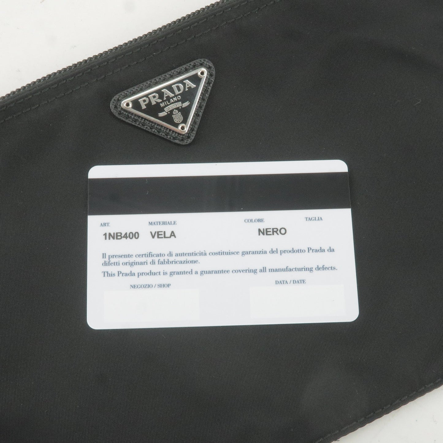 Prada Logo Nylon Leather Pouch Clutch Cosmetic Bag NERO Black