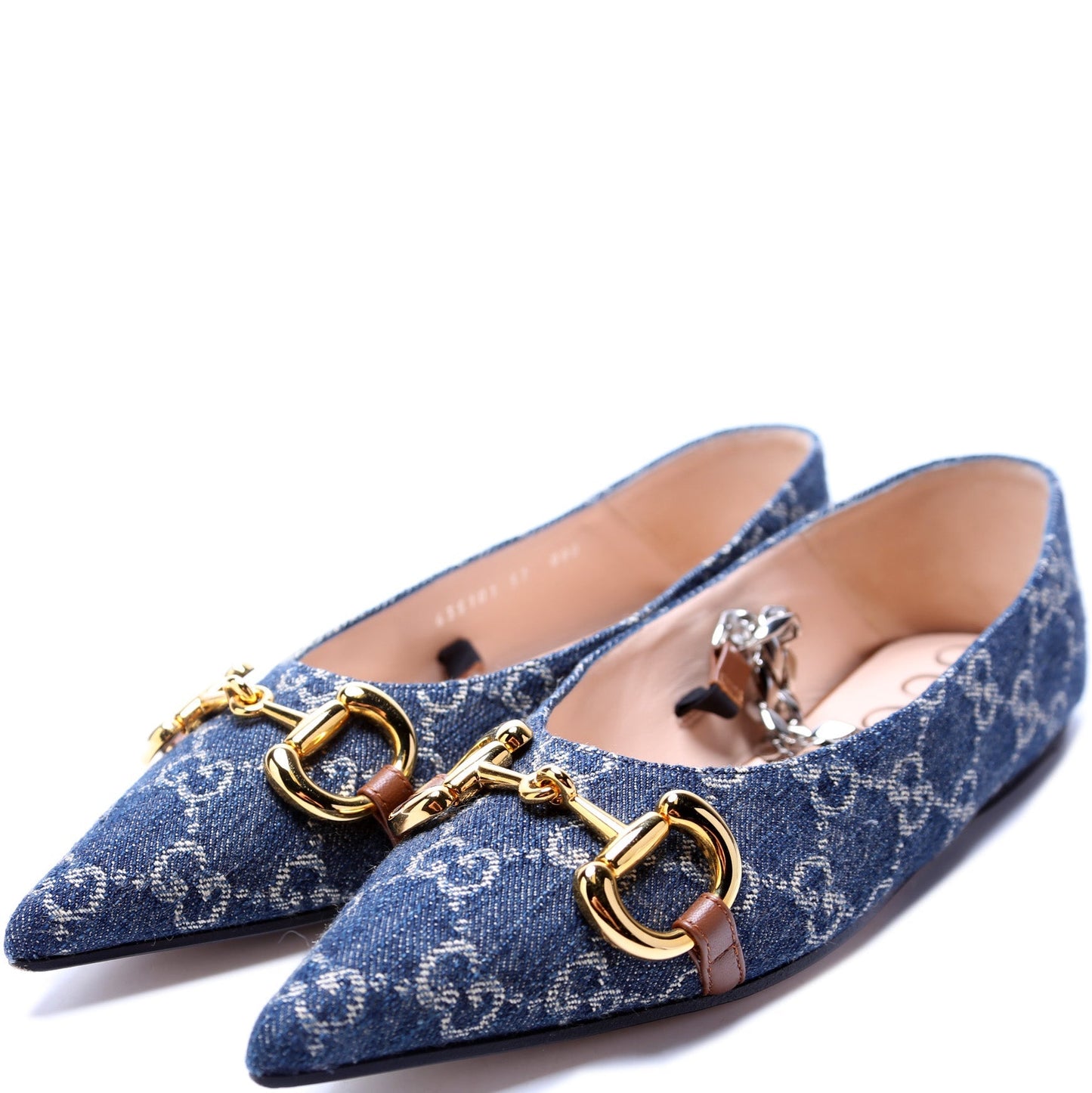 Gucci Denim Horsebit Chain Pointed Toe Flats Size 37