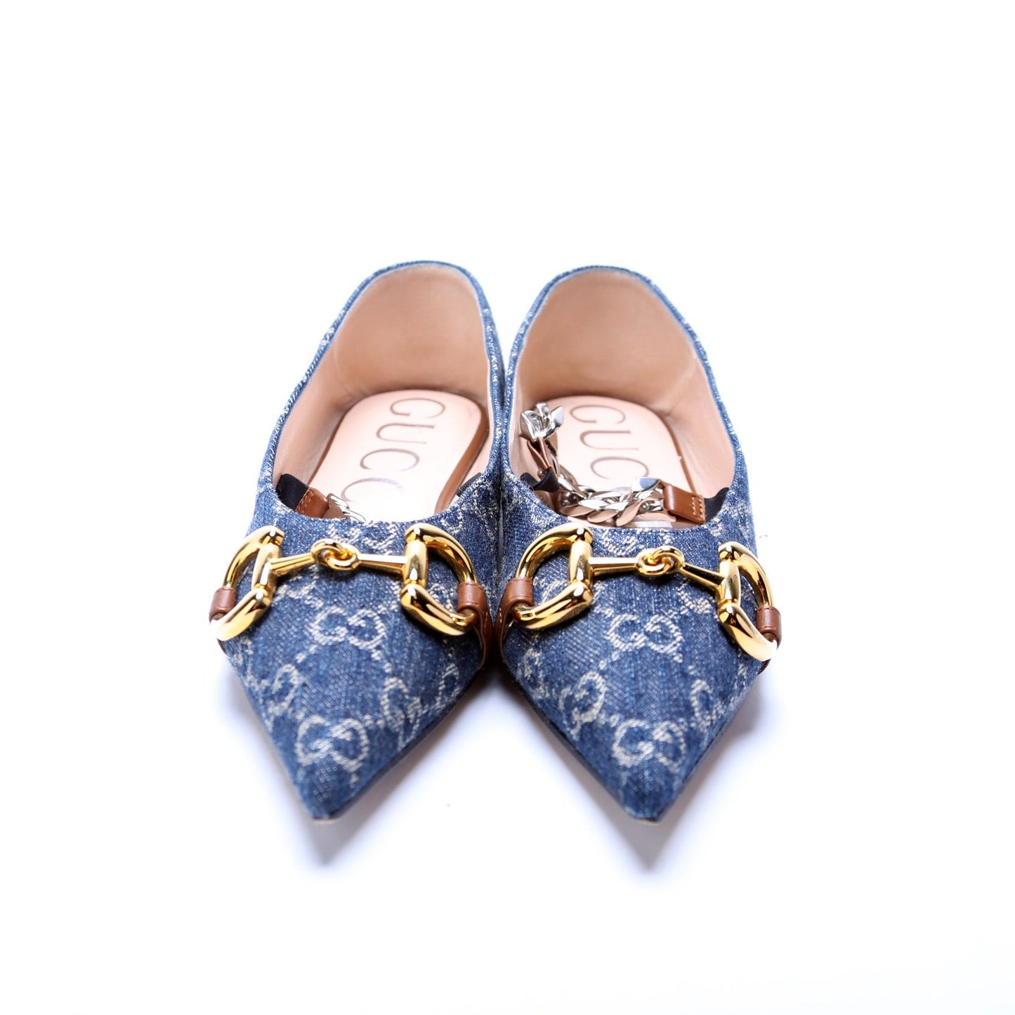 Gucci Denim Horsebit Chain Pointed Toe Flats Size 37