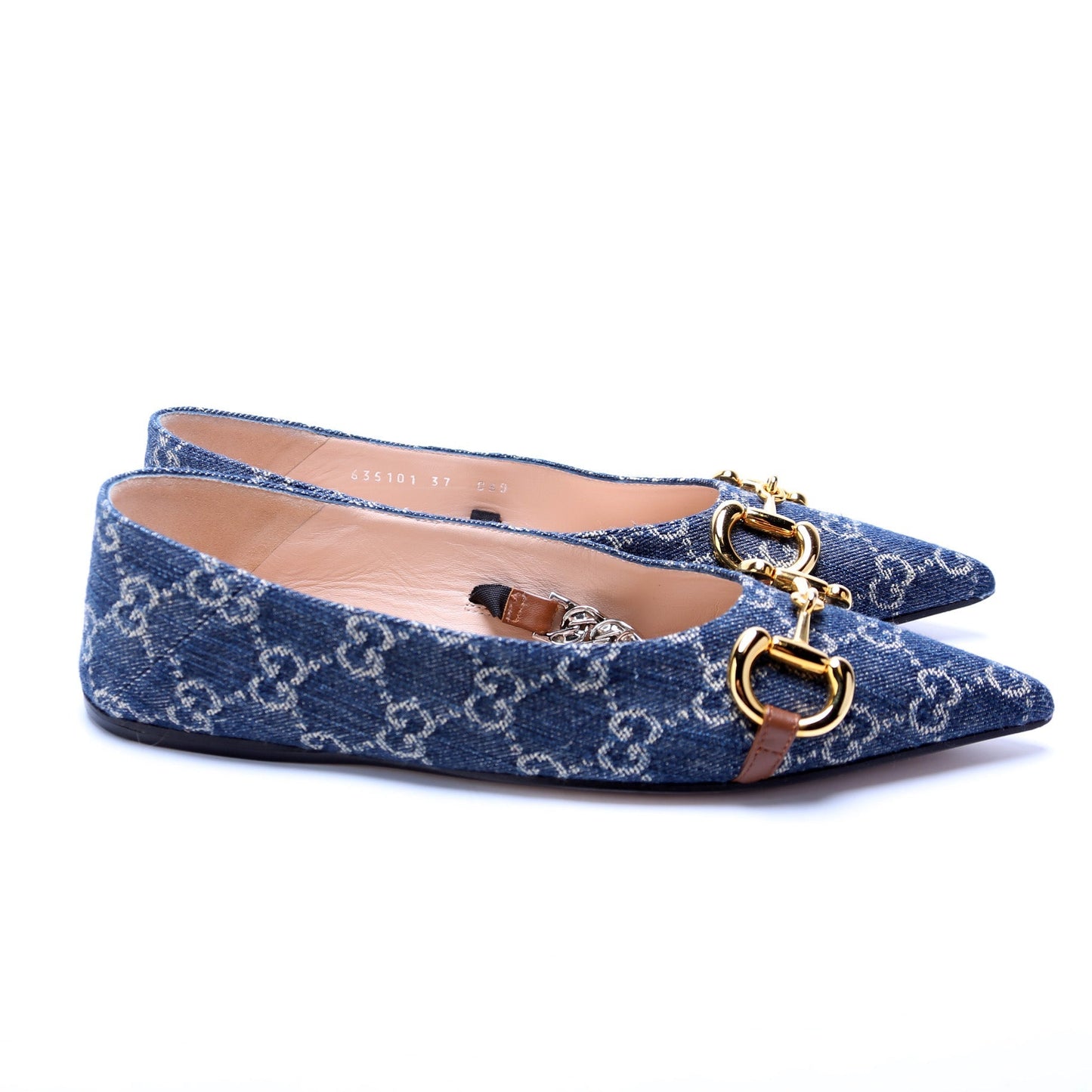 Gucci Denim Horsebit Chain Pointed Toe Flats Size 37